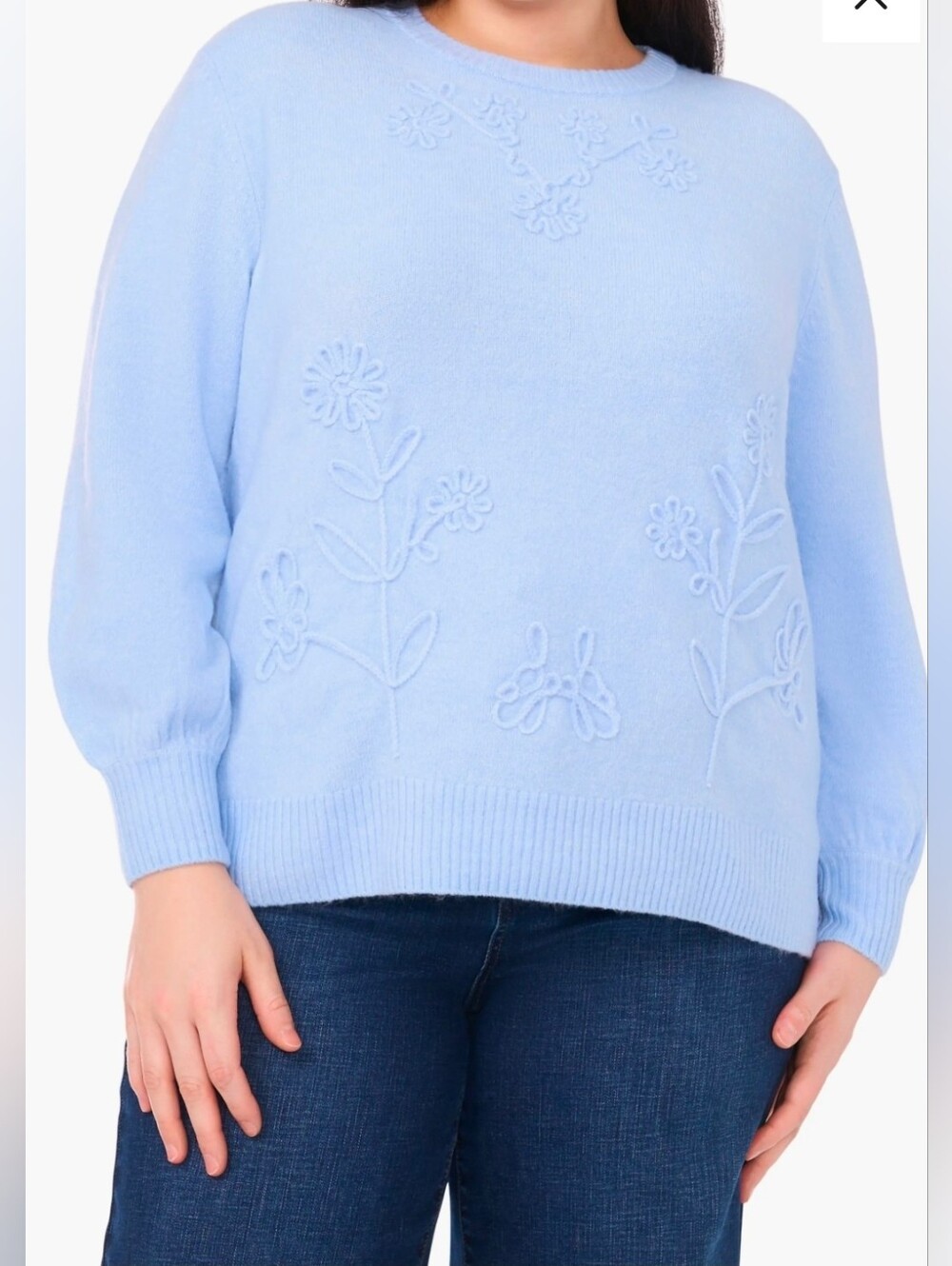 CeCe Pale Blue Crewneck Sweater with Raised Floral Appliqué 2x